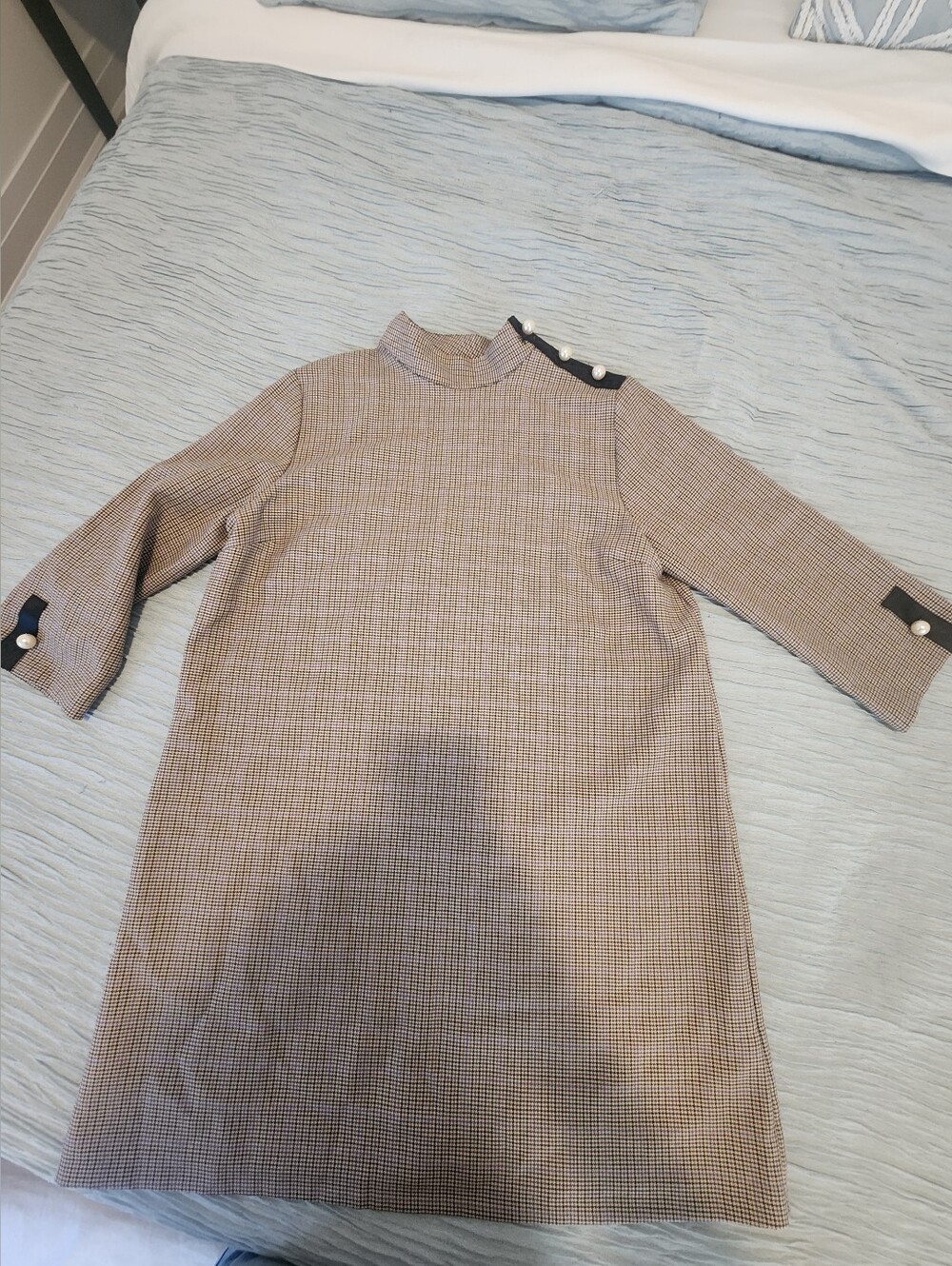 Zara Brown Plaid Midi Dress with Pearl-Trim Shoulder
